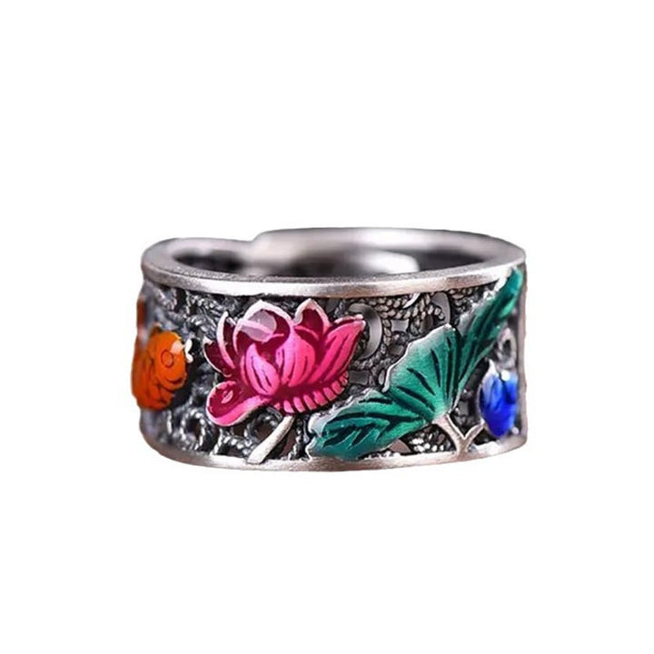 Anello portafortuna con pesce koi Buddha Stones in rame e smalto blu con cuore di loto Sutra