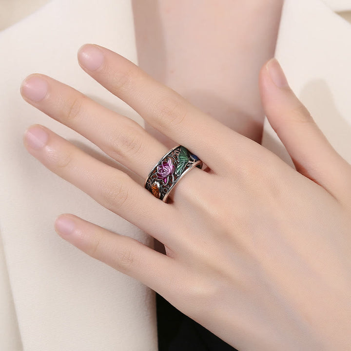 Anello portafortuna con pesce koi Buddha Stones in rame e smalto blu con cuore di loto Sutra