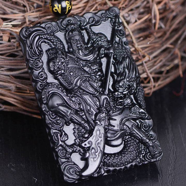 Buddha Stones Amuleto Guan Gong Ossidiana Nera Inciso Forza Collana Pendente