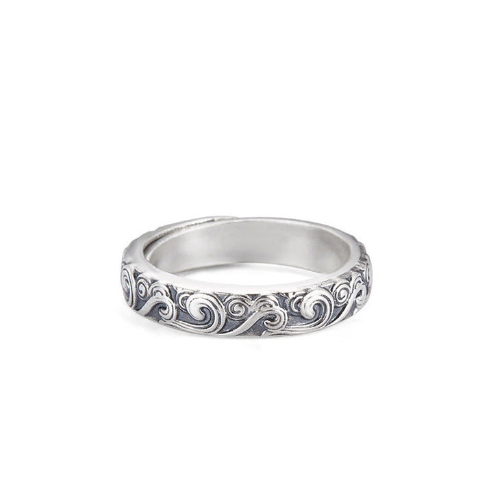 Anello regolabile con incisione e benedizione Buddha Stones in argento sterling 999 con nuvole di buon auspicio - Nuvole di buon auspicio circa 4 g (regolabile) - image 1