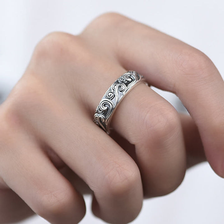 Anello regolabile con incisione e benedizione Buddha Stones in argento sterling 999 con nuvole di buon auspicio - image 8
