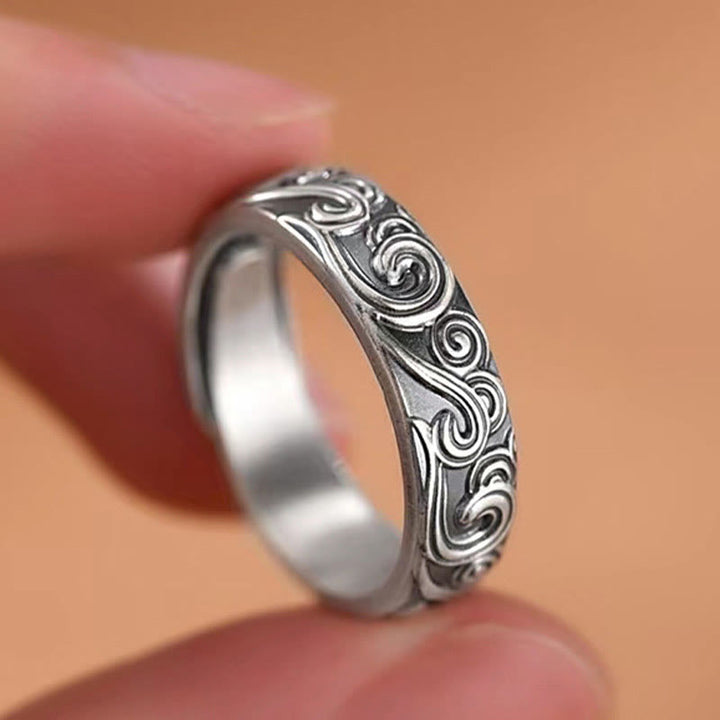 Anello regolabile con incisione e benedizione Buddha Stones in argento sterling 999 con nuvole di buon auspicio - image 3
