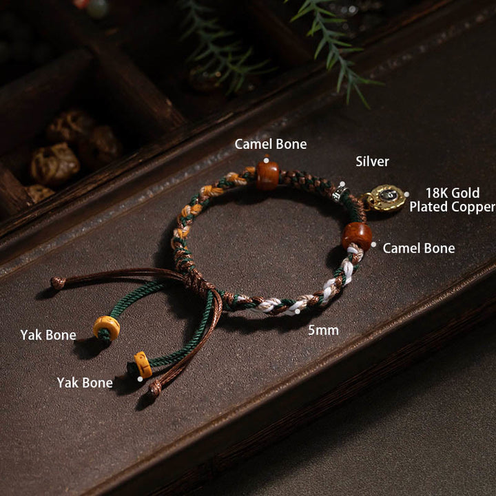 Braccialetto di corda della fortuna in osso di cammello tibetano di Buddha Stones Yak Bone