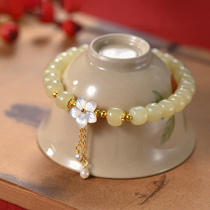 Bracciale Buddha Stones in argento sterling 925 con giada Hetian naturale e fiore della fortuna - Giada Hetian (circonferenza del polso 14-16 cm) - image 0