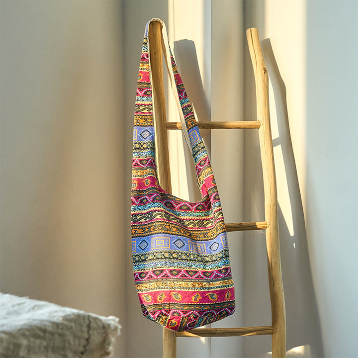 Borsa a tracolla in cotone a strisce colorate Buddha Stones