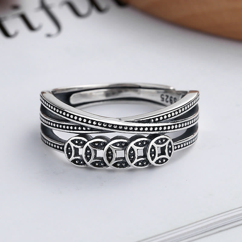 Anello regolabile Buddha Stones, argento sterling 925, monete di rame, benedizione della ricchezza - Argento Sterling 925 (regolabile) - image 0