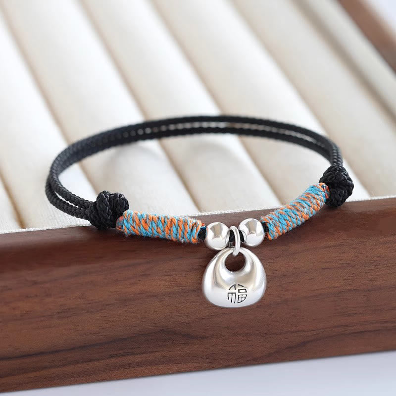 Bracciale intrecciato con carattere Fu in argento sterling 925 fatto a mano con Buddha Stones, sicuro e fortunato - Corda nera (circonferenza polso 14-26 cm) - image 0