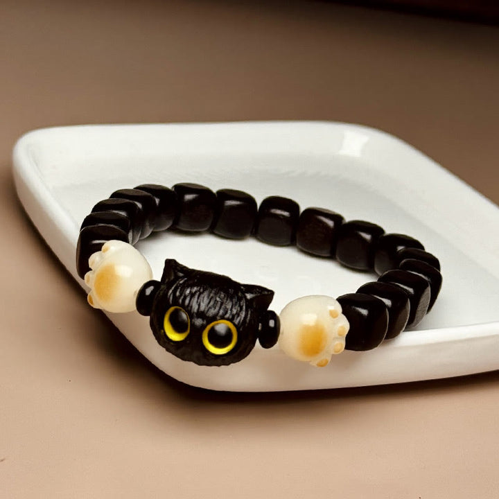 Braccialetto della pace con Buddha Stones, in legno di ebano e semi di Bodhi, con gatto carino - Legno di ebano (circonferenza del polso 14-16 cm) - image 1