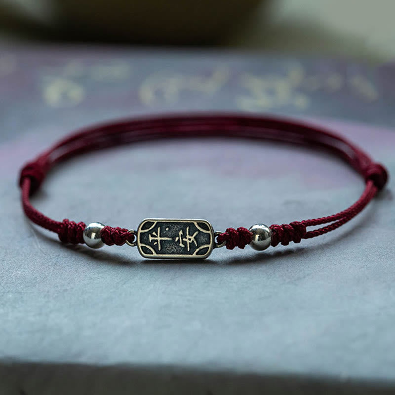 Bracciale intrecciato in argento sterling 925 fatto a mano con Buddha Stones, pace e gioia, protezione sicura e benefica - Corda rosso scuro (circonferenza polso 14-16 cm) - image 0