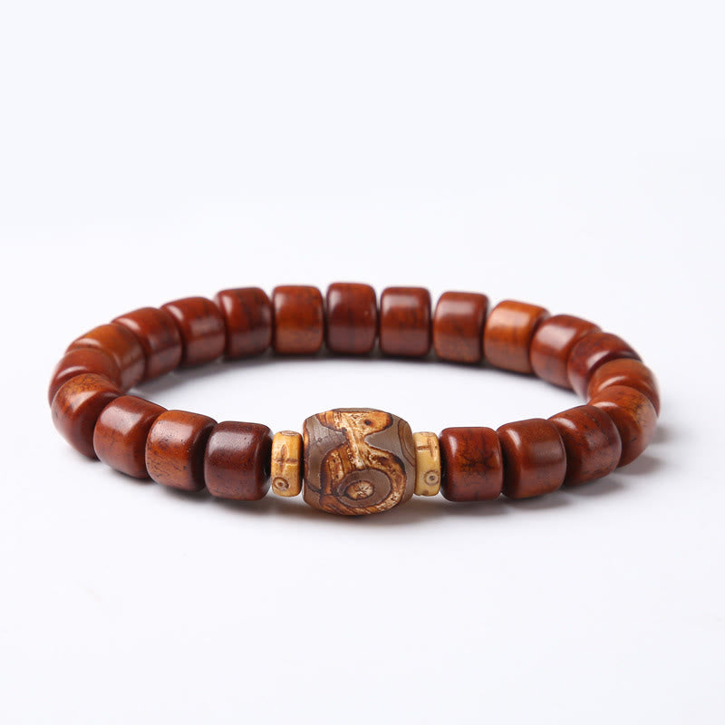 Braccialetto di forza Buddha Stones di osso tibetane, perline Dzi a tre occhi, corno di pecora, agata rossa