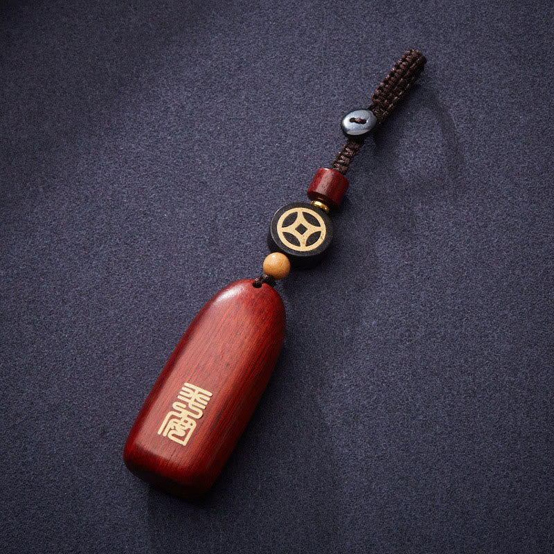 Buddha Stones Piccola foglia Sandalo rosso Legno di ebano Pace Auspicio Moneta di rame Protezione Portachiavi