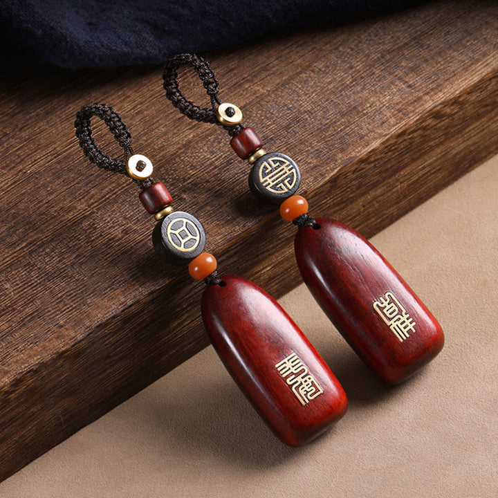 Buddha Stones Piccola foglia Sandalo rosso Legno di ebano Pace Auspicio Moneta di rame Protezione Portachiavi