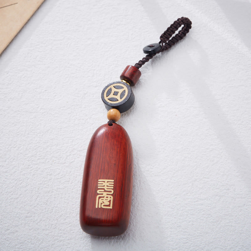 Buddha Stones Piccola foglia Sandalo rosso Legno di ebano Pace Auspicio Moneta di rame Protezione Portachiavi