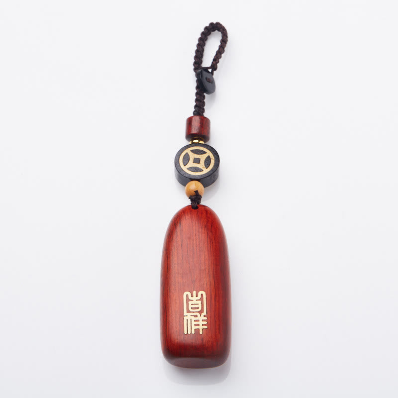 Buddha Stones Piccola foglia Sandalo rosso Legno di ebano Pace Auspicio Moneta di rame Protezione Portachiavi