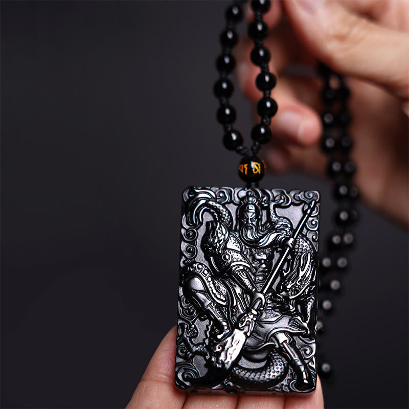 Buddha Stones Amuleto Guan Gong Ossidiana Nera Inciso Forza Collana Pendente