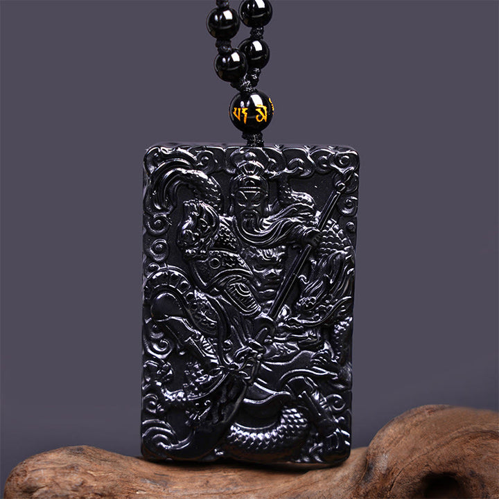 Buddha Stones Amuleto Guan Gong Ossidiana Nera Inciso Forza Collana Pendente