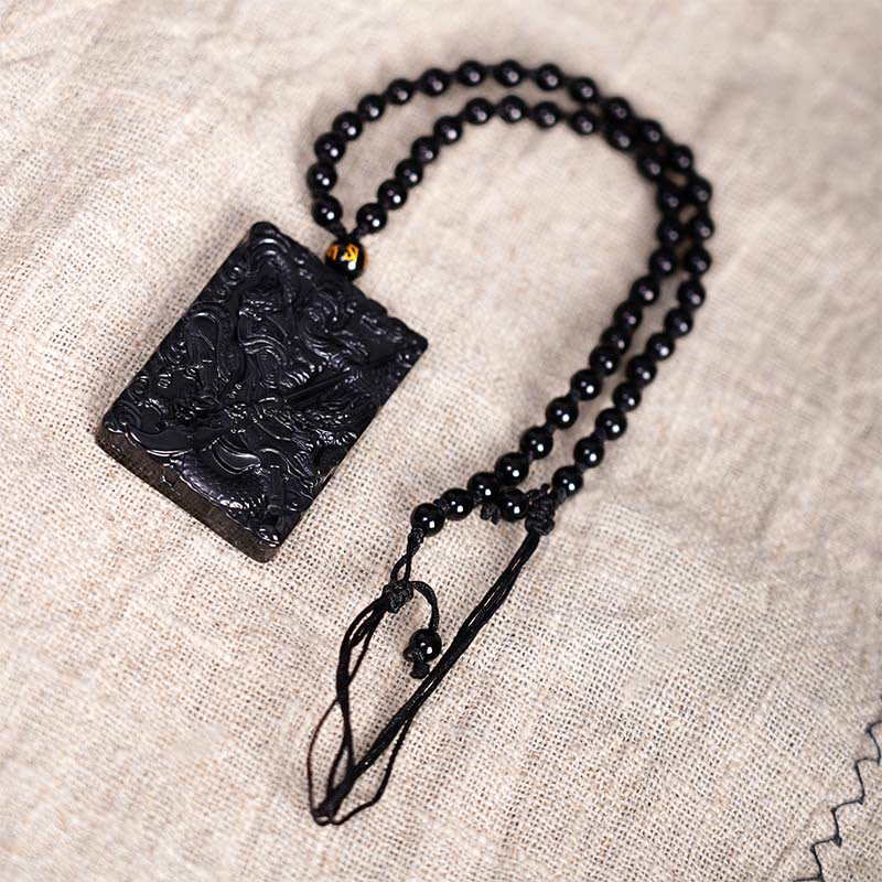 Buddha Stones Amuleto Guan Gong Ossidiana Nera Inciso Forza Collana Pendente