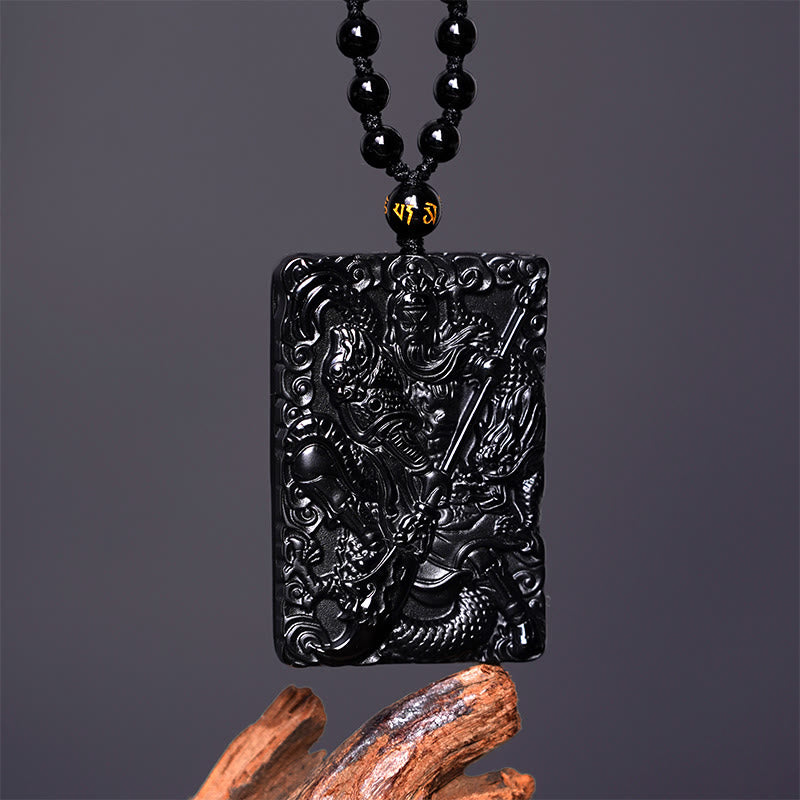Buddha Stones Amuleto Guan Gong Ossidiana Nera Inciso Forza Collana Pendente