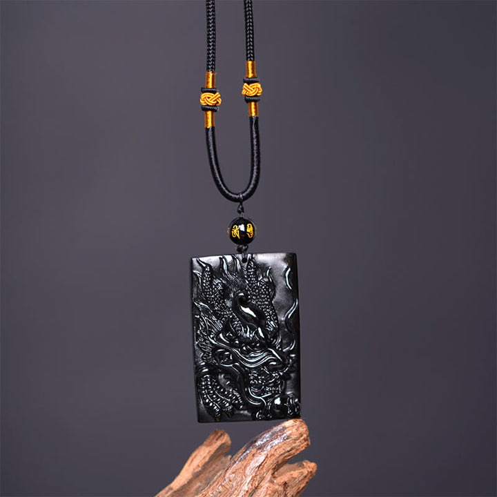 Collana con ciondolo a forma di drago rettangolare in ossidiana nera naturale Buddha Stones incisione - image 10