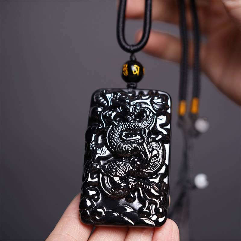 Collana con ciondolo a forma di drago rettangolare in ossidiana nera naturale Buddha Stones incisione - Drago 62mm*39mm - image 1