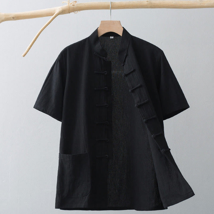 Buddha Stones Cinese Rana-Bottone Tang Suit Uomo Camicia Manica Corta Cotone Lino Abbigliamento Con Tasche - Nero - US/UK/AU44, EU54 (4XL) - image 15