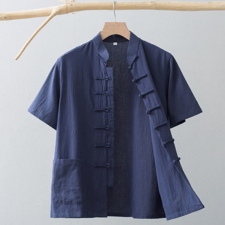 Buddha Stones Cinese Rana-Bottone Tang Suit Uomo Camicia Manica Corta Cotone Lino Abbigliamento Con Tasche - SteelBlue - US/UK/AU44, EU54 (4XL) - image 13