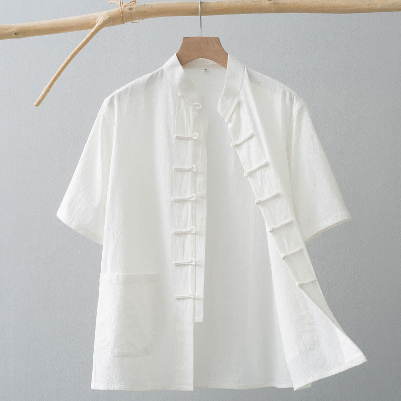 Buddha Stones Cinese Rana-Bottone Tang Suit Uomo Camicia Manica Corta Cotone Lino Abbigliamento Con Tasche - Bianco - US/UK/AU44, EU54 (4XL) - image 0