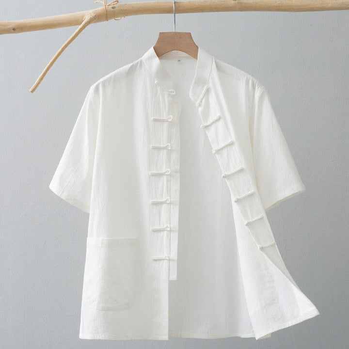 Buddha Stones Cinese Rana-Bottone Tang Suit Uomo Camicia Manica Corta Cotone Lino Abbigliamento Con Tasche - Bianco - US/UK/AU44, EU54 (4XL) - image 0
