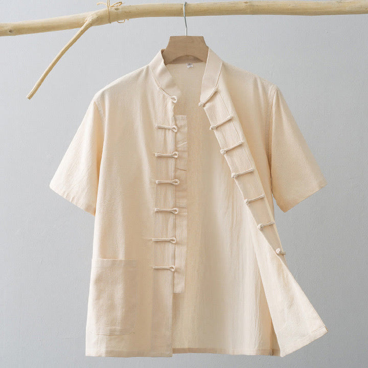 Buddha Stones Cinese Rana-Bottone Tang Suit Uomo Camicia Manica Corta Cotone Lino Abbigliamento Con Tasche - Bianco antico - US/UK/AU44, EU54 (4XL) - image 11