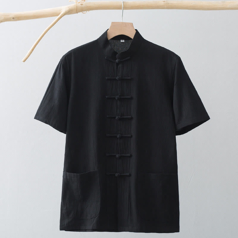 Buddha Stones Cinese Rana-Bottone Tang Suit Uomo Camicia Manica Corta Cotone Lino Abbigliamento Con Tasche - image 16