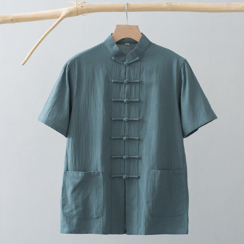 Buddha Stones Cinese Rana-Bottone Tang Suit Uomo Camicia Manica Corta Cotone Lino Abbigliamento Con Tasche - image 8
