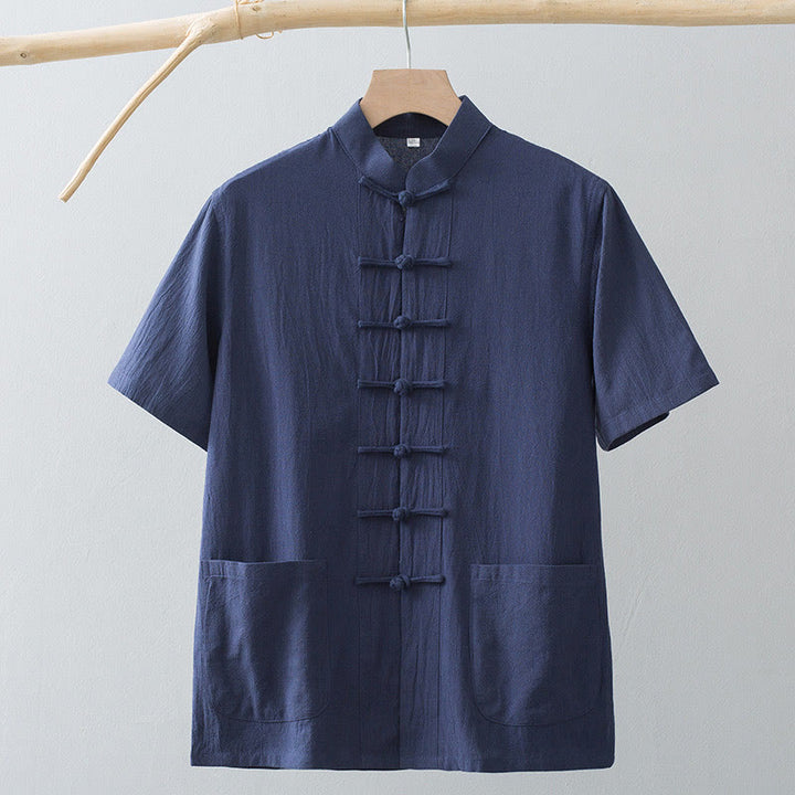 Buddha Stones Cinese Rana-Bottone Tang Suit Uomo Camicia Manica Corta Cotone Lino Abbigliamento Con Tasche - image 14