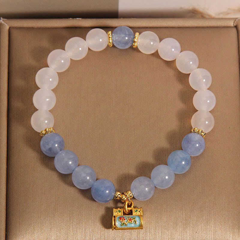 Braccialetto di protezione in agata bianca naturale e acquamarina Buddha Stones