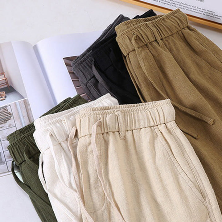 Pantaloni corti da uomo Buddha Stones in ramia e lino, tinta unita, con coulisse e tasche. - image 15