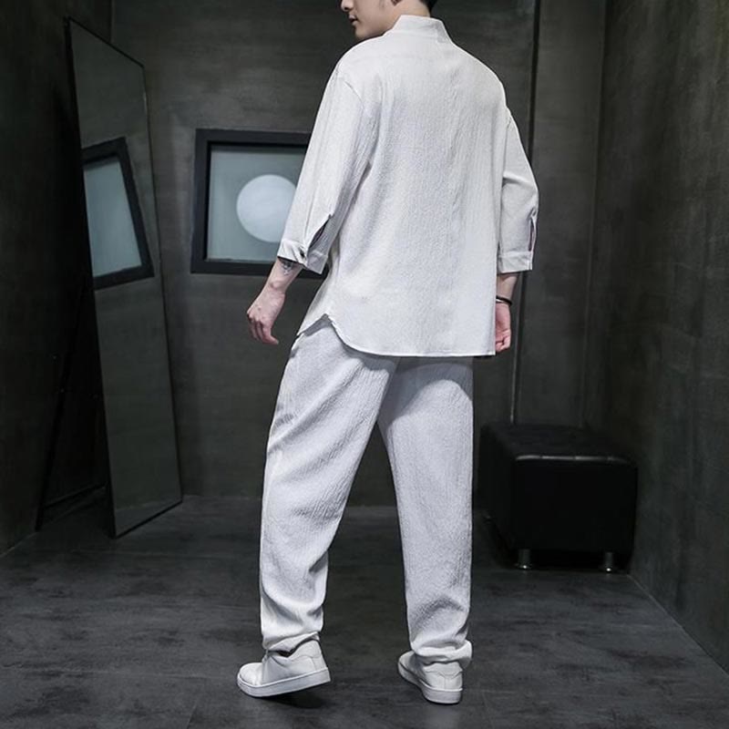 Set di pantaloni casual da uomo con scollo a V e maniche a tre quarti, tinta unita, motivo Buddha Stones - image 2