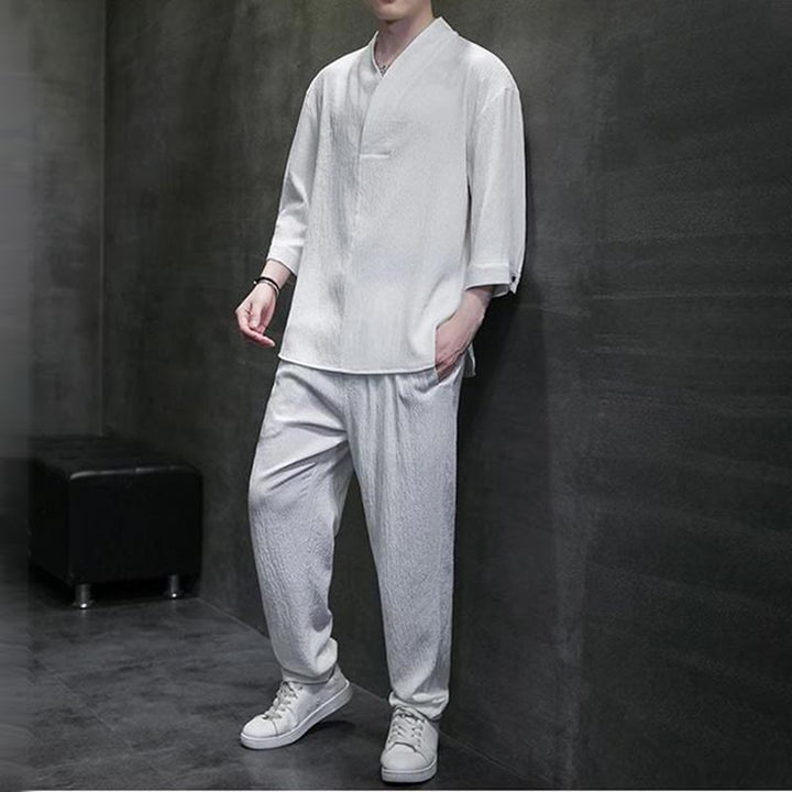 Set di pantaloni casual da uomo con scollo a V e maniche a tre quarti, tinta unita, motivo Buddha Stones - image 6