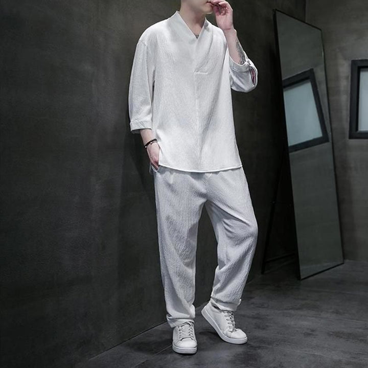Set di pantaloni casual da uomo con scollo a V e maniche a tre quarti, tinta unita, motivo Buddha Stones - image 1