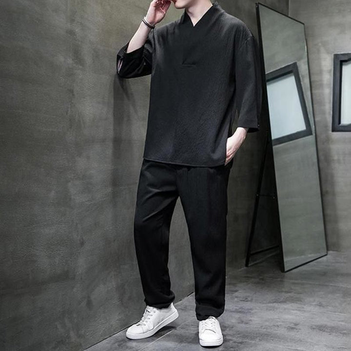 Set di pantaloni casual da uomo con scollo a V e maniche a tre quarti, tinta unita, motivo Buddha Stones - image 16