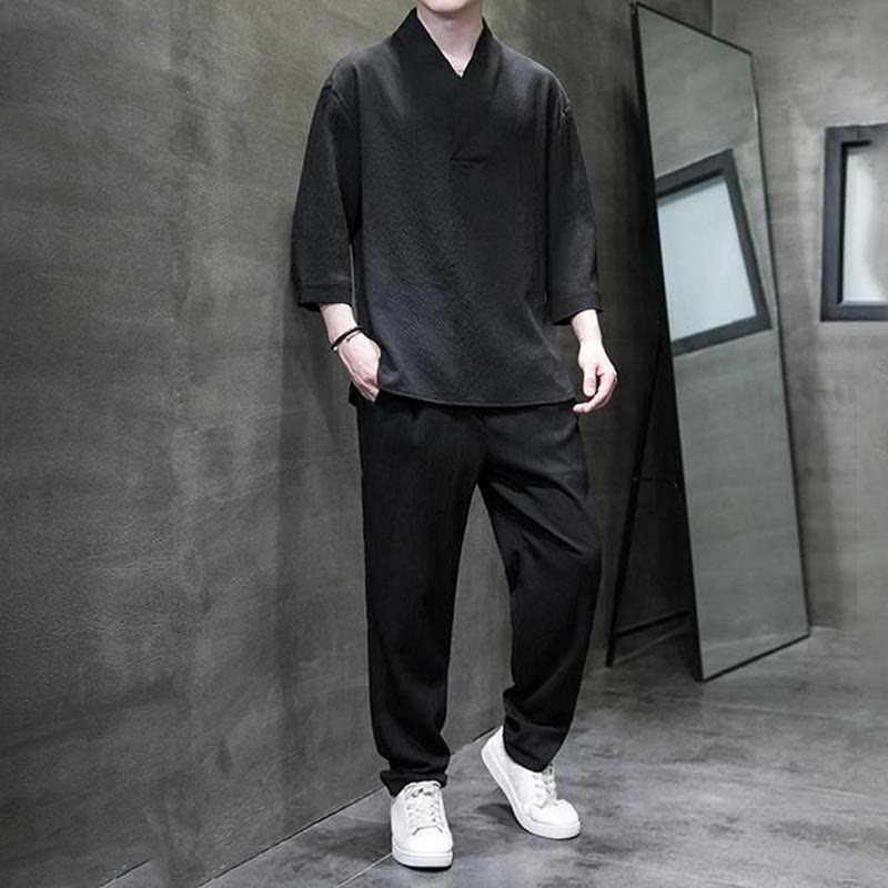Set di pantaloni casual da uomo con scollo a V e maniche a tre quarti, tinta unita, motivo Buddha Stones - image 17