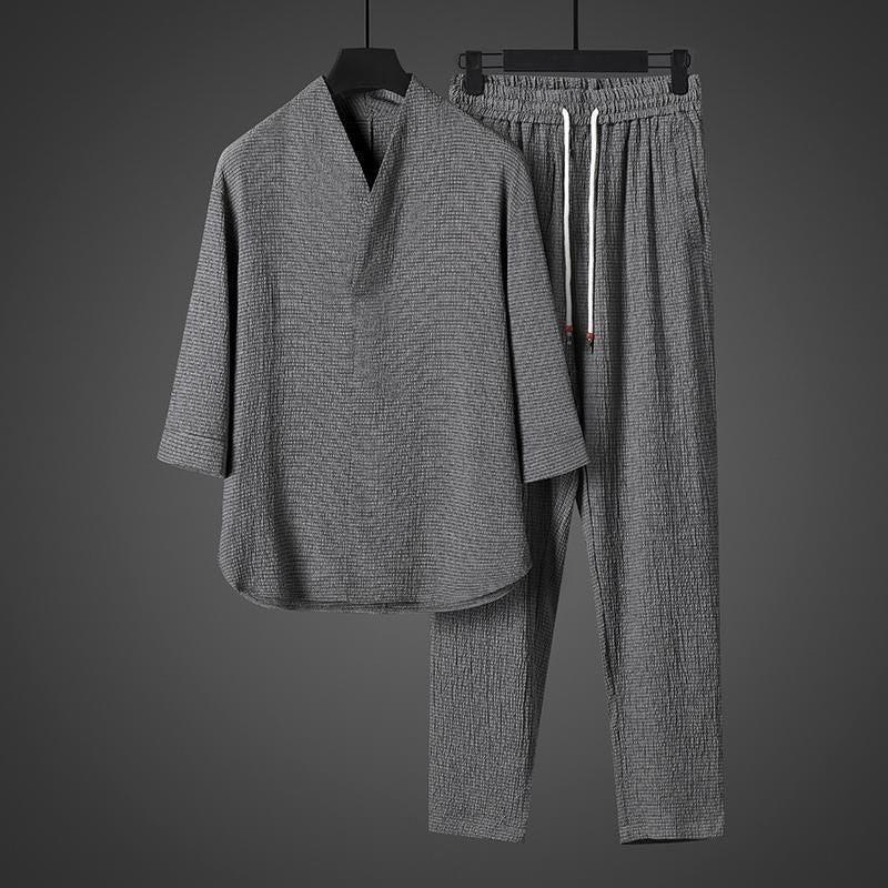 Set di pantaloni casual da uomo con scollo a V e maniche a tre quarti, tinta unita, motivo Buddha Stones - image 23