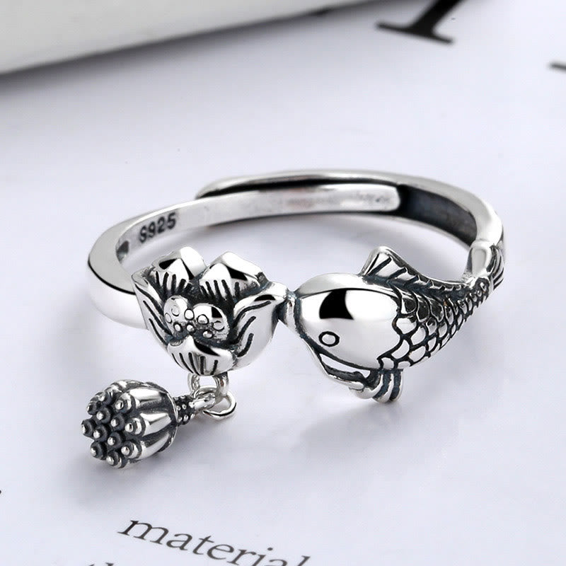 Anello di successo con fiore di loto e pesce koi in argento sterling 925 Buddha Stones - image 1