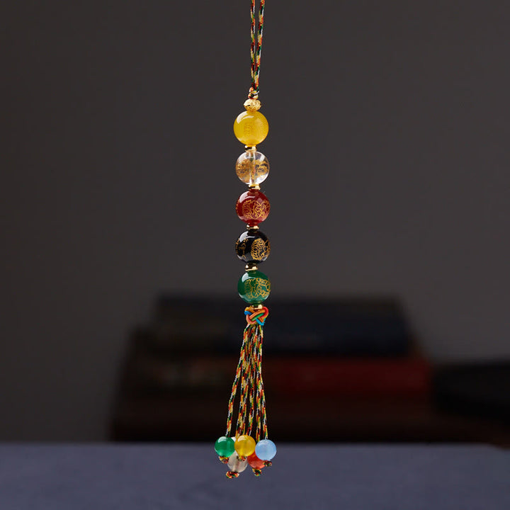 Buddha Stones fatte a mano tibetane cinque divinità della ricchezza varie agate fortuna treccia corda auto decorazione appesa