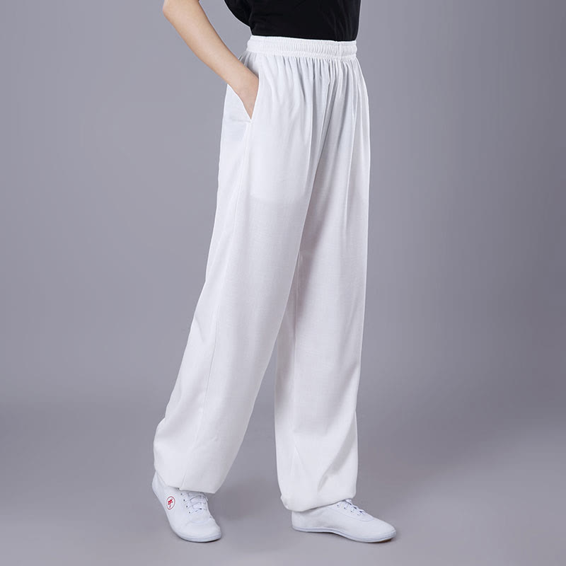 Pantaloni estivi unisex Buddha Stones con elastico in vita, traspiranti, per Tai Chi e Qigong, con tasche. - Bianco - 3XL- ADATTO A USA/ UK/AU/ EU- 2XL - image 1
