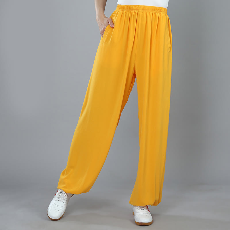 Buddha Stones da allenamento in cotone traspirante con tasche, unisex, elastici in vita, per Tai Chi, Kung Fu e Qigong - Giallo - 3XL- ADATTO A USA/ UK/AU/ EU- 2XL - image 9