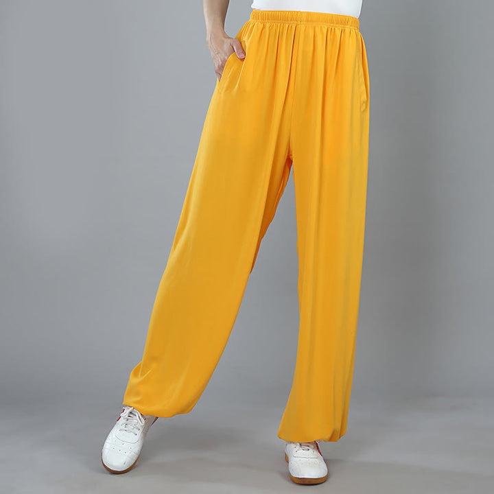 Buddha Stones da allenamento in cotone traspirante con tasche, unisex, elastici in vita, per Tai Chi, Kung Fu e Qigong - Giallo - 3XL- ADATTO A USA/ UK/AU/ EU- 2XL - image 9