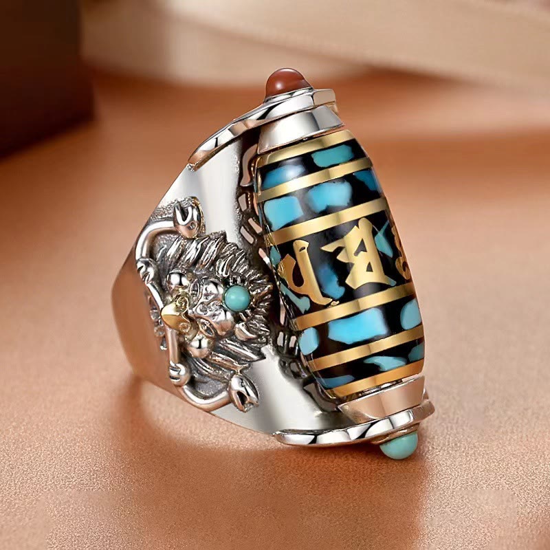 Anello girevole Buddha Stones tibetano Om Mani Padme Hum Garuda Dzi con motivo a perline
