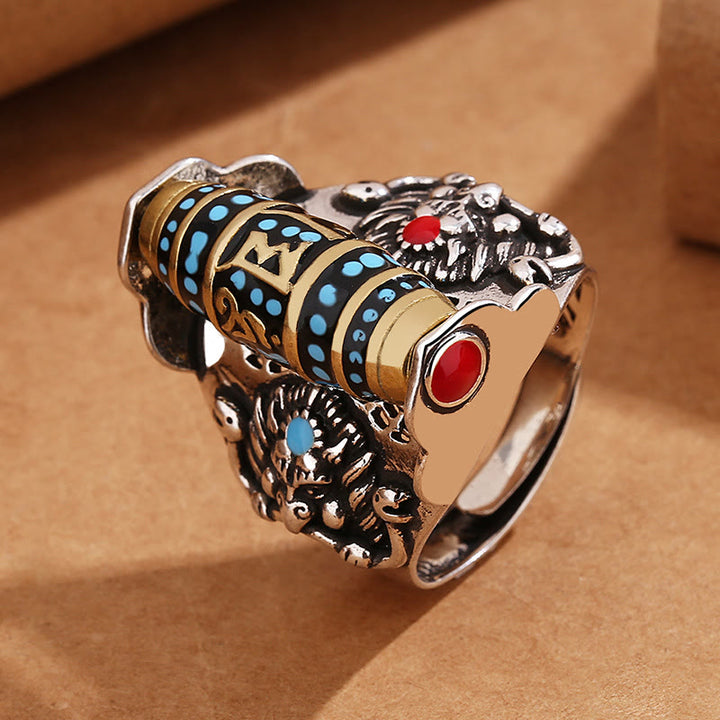 Anello girevole Buddha Stones tibetano Om Mani Padme Hum Garuda Dzi con motivo a perline