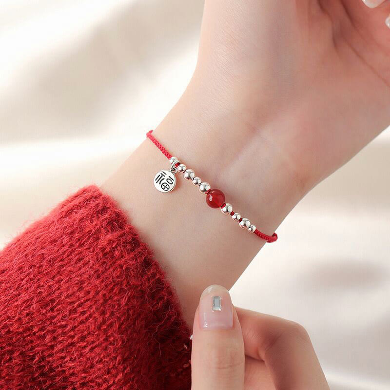 Braccialetto in corda intrecciata ultra sottile con carattere Fu in argento sterling 925 fatto a mano con Buddha Stones, agata rossa e ciondolo a forma di fortuna - image 8