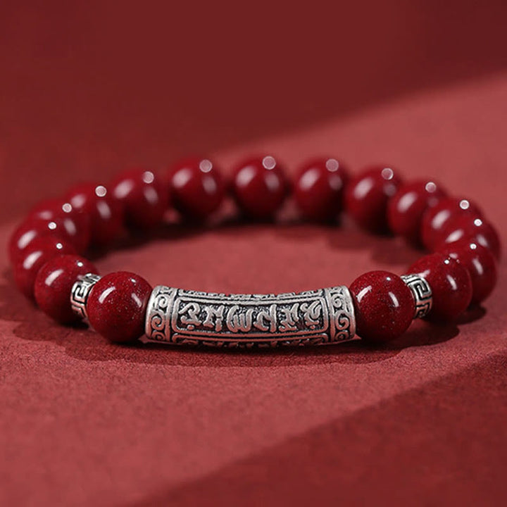 Braccialetto di benedizione con sei parole vere in argento sterling 999, Buddha Stones , cinabro - Cinabro da 6 mm - image 0