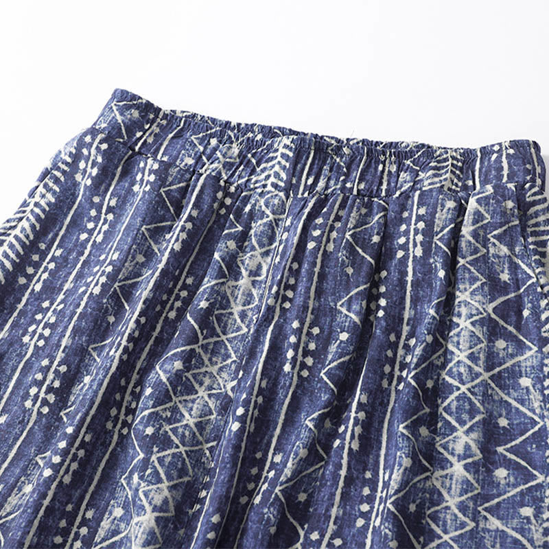 Pantaloni a gamba larga con stampa a righe blu e motivo Buddha Stones, con tasche. - image 3